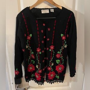 Vintage Arriviste Women's Black Cardigan with Red Floral Embroidery